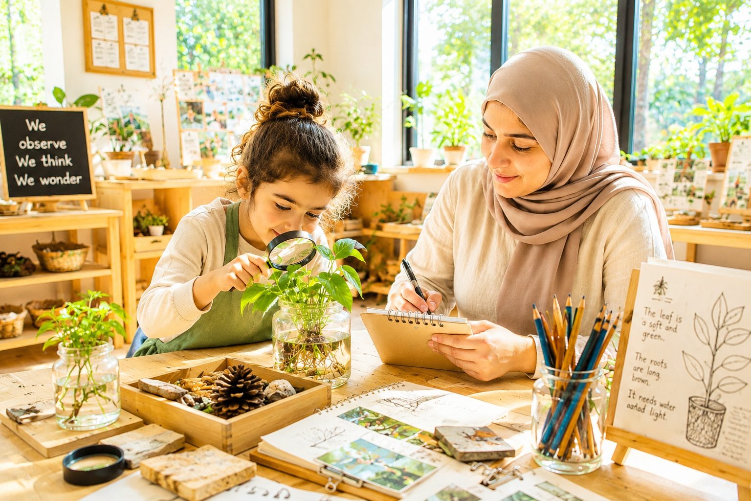 طفلة تفحص نبتة بعدسة مكبرة مع معلمتها